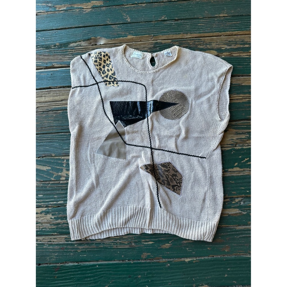 Vintage Margules Beige Knit Sweater Vest Animal Print Patchwork Ramie Cotton S